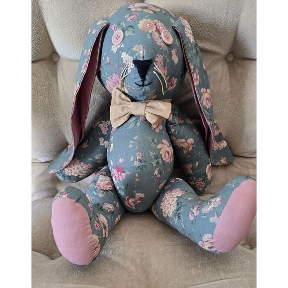 Stuffed Lop Eared Floral Rabbit ~ Cottage Core Bunny Handmade Vintage - Picture 1 of 11